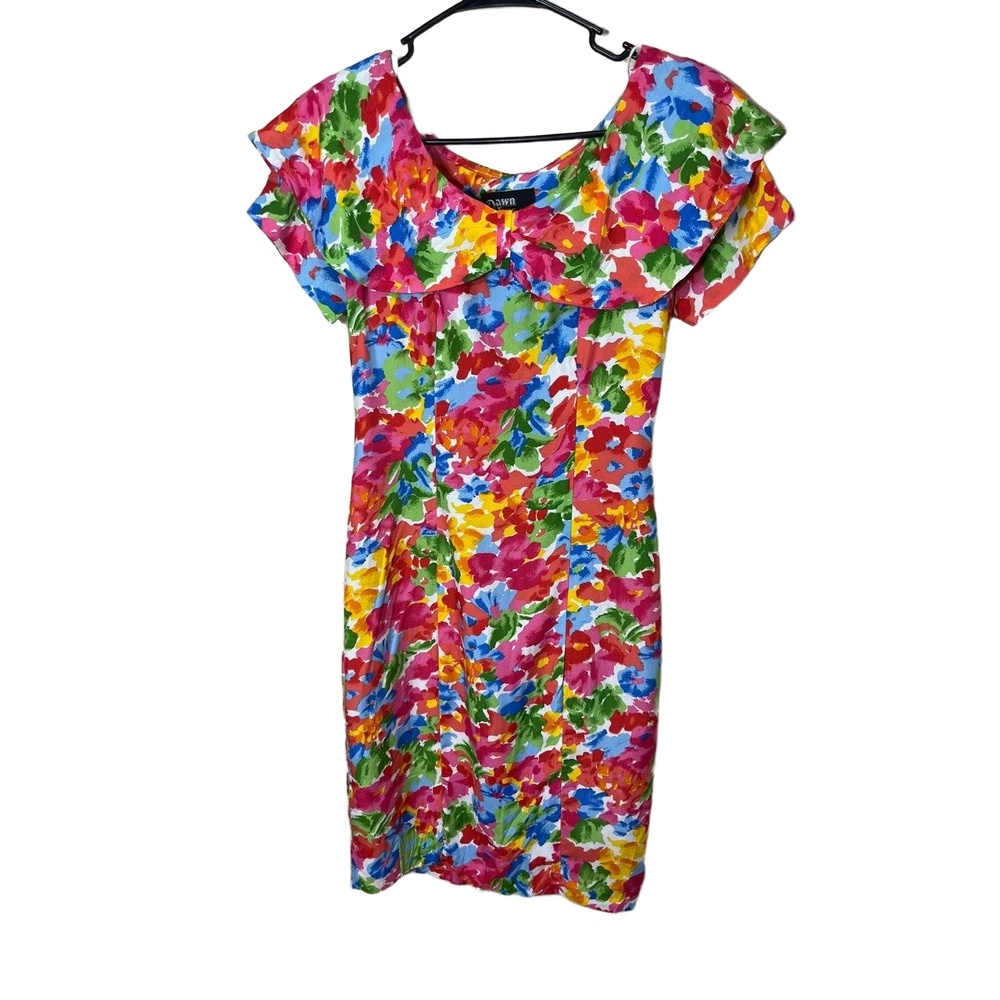 Dawn Joy Multicolor Short Sleeves Ruffled Collar Floral Dress Vintage 3-4